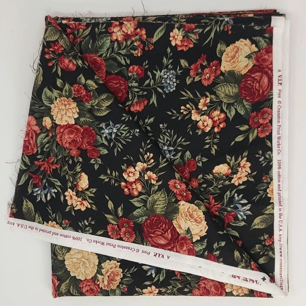 Vintage Cranston VIP Floral Fabric 3 Yds Black Rose Chintz COTTAGECORE Cotton